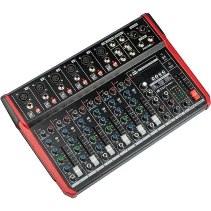 Proel PLAYMIX10 Audio-Mixer mit 10 Eingängen, Bluetooth-Modul, MP3-Player, Stereo-Aufnahme über USB, Schwarz mit roter Oberfläche