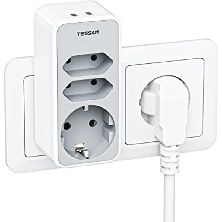 TESSAN Doppelstecker für Steckdose, 5 in 1 Mehrfachstecker für Steckdose, Steckdosenadapter 3Fach mit 2 USB Steckdose, dreifachsteckdose für doppelsteckdose mit USB Stecker, Grau, für Schulanfang