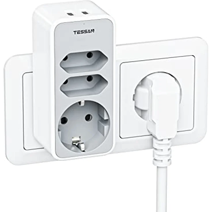 TESSAN Doppelstecker für Steckdose, 5 in 1 Mehrfachstecker für Steckdose, Steckdosenadapter 3Fach mit 2 USB Steckdose, dreifachsteckdose für doppelsteckdose mit USB Stecker, Grau, für Schulanfang – Bild 1