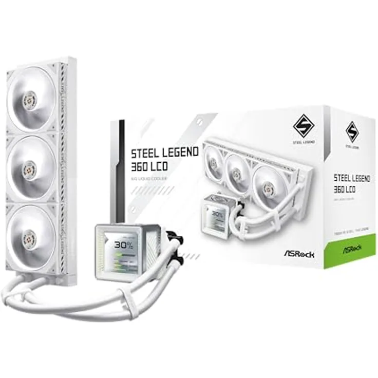 ASRock Steel Legend 360 LCD, Wasserkühlung mit 3,4-Zoll-Farb-LCD-Display, 360mm Aluminiumradiator, RGB-Beleuchtung, für AMD/Intel CPUs