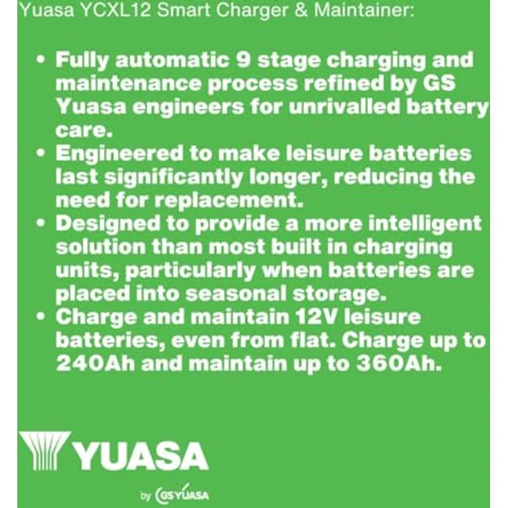 Yuasa Bleiakku-Ladegerät YCXL12, 12V mit max. 12A Ladestrom, neunstufiger Ladeprozess, für Blei-Säure- und Lithium-Batterien, mehrstufiger Schutz und Eco-Modus – Bild 6
