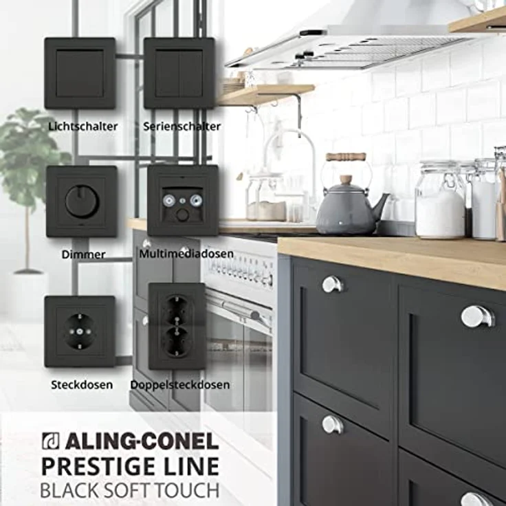 ALING-CONEL PRESTIGE-Line Unterputz-Doppelsteckdose, VDE-zertifiziert, 16AX/250V~, schwarz Soft Touch, inkl. Rahmen komplett – Bild 5