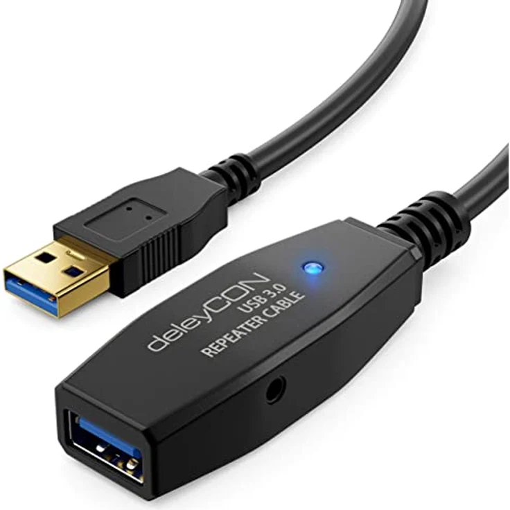 deleyCON 10m Aktives USB 3.0 Kabel, USB3.0 Repeater mit 2 Signalverstärkern und Netzteil, Plug & Play, Schwarz – Bild 2
