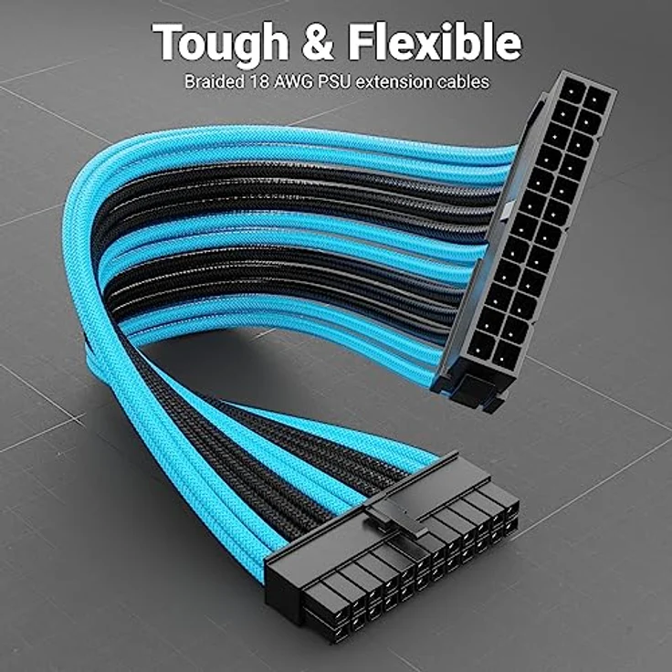 deleyCON 24-Pin ATX Netzteil Verlängerungskabel, 30cm, 18 AWG, Nylon, Schwarz Blau – Bild 4