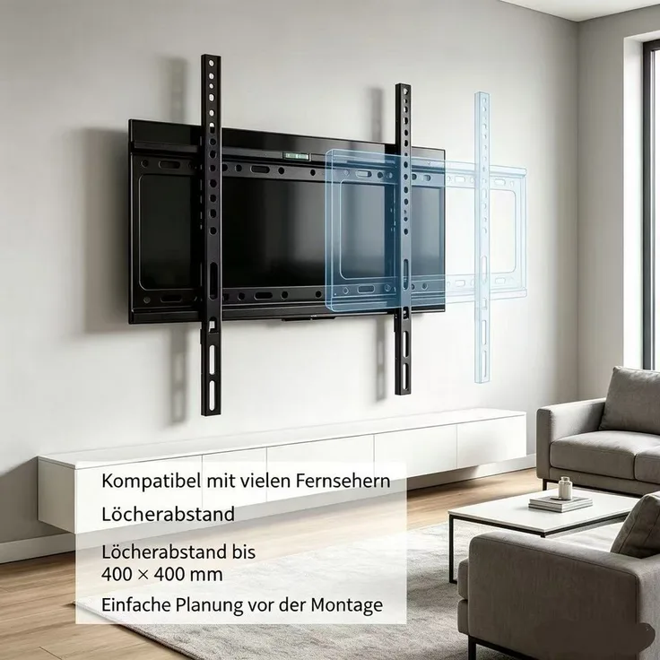 Fyrove TV-Wandhalterung Feste TV-Wandhalterung 26-65 Zoll, VESA 400x400, max. 50 kg, flacher Wandabstand 25 mm, schwarz, Kaltstahl