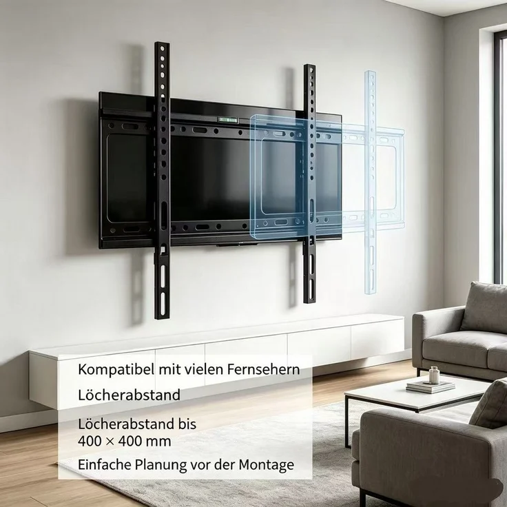 Fyrove TV-Wandhalterung Feste TV-Wandhalterung 26-65 Zoll, VESA 400x400, max. 50 kg, flacher Wandabstand 25 mm, schwarz, Kaltstahl