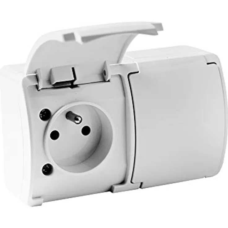 Doktorvolt 2-fach Steckdose französisch System Doppelsteckdose Klappdeckel IP44 162-01 DV weiß 5867, Aufputzsteckdose mit Erdung, 16 A, 250 V, weiß