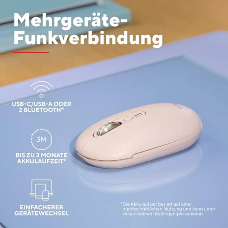 Trust Seron Kabellose Maus, Wiederaufladbar, Ultraschnelles Scrollrad, Bluetooth + 2.4GHz, Leise Tasten, 65% Recyclingkunststoff, Rosa – Bild 4