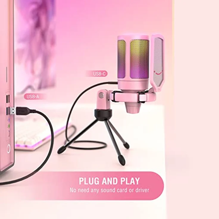 FIFINE Gaming Mikrofon PC, USB Microphone für PS4 PS5 Mac, mit Mikrofon Ständer, Stummschalttaste, Popfilter, Shock Mount, für Streaming Podcast Studio – Bild 5