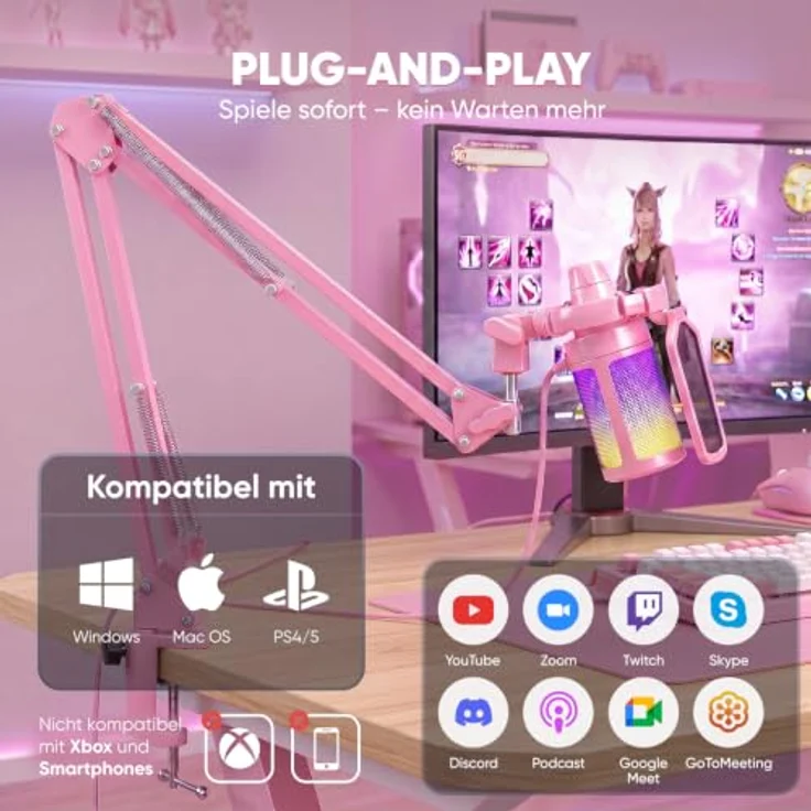 FIFINE Gaming Mikrofon Typ A/C USB mit Arm, RGB-Beleuchtung, Stummschalttaste, Popfilter und Shock Mount für PC, MAC, PS4, PS5 – Bild 5