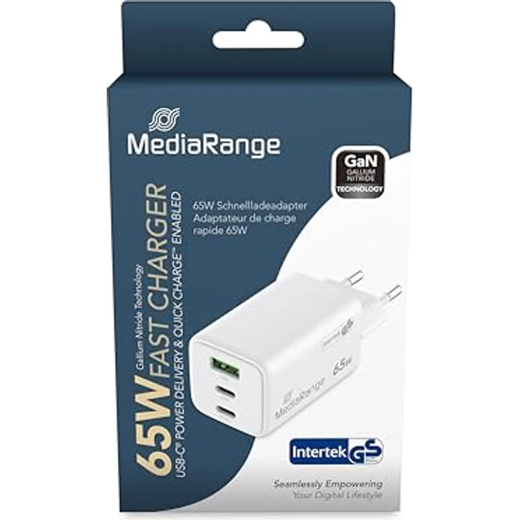 MediaRange 65W GaN Schnellladeadapter (EU-Stecker), 2X USB-C und 1x USB-A, unterstützt USB-C® Power Delivery und Quick Charge™, Weiß – Bild 2