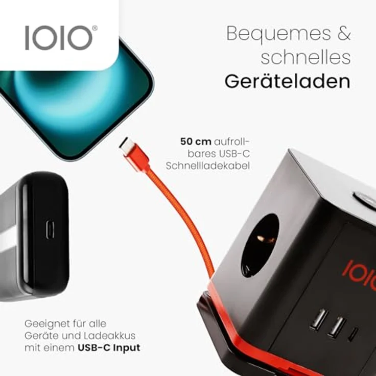 Olympia IOIO Steckdosenwürfel SW 1000 schwarz | 3-fach Schutzkontaktsteckdose mit 2x USB-A & 1x USB-C Slot | Büro & Office Mehrfachstecker | Ein-/Aus-Schalter | Aufrollbares USB-C Kabel | 16A/230V – Bild 3