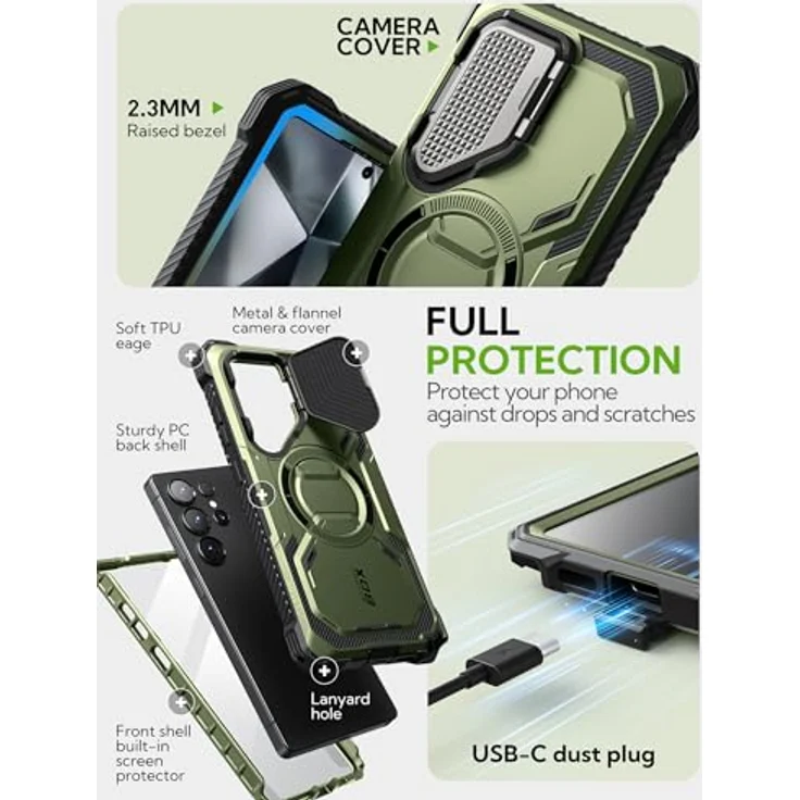 i-Blason Armorbox für Samsung Galaxy S25 Ultra, MagSafe Hülle mit Kameraschutz, 360° robustem Displayschutz und integriertem Ständer, Grün – Bild 4