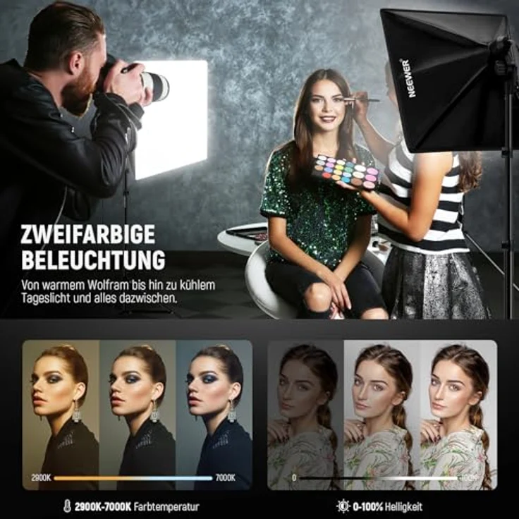 NEEWER NK103 24"x24" Softbox Beleuchtungsset, 2er Pack mit 45W zweifarbigen LED Glühbirnen, 2900K-7000K, 1400Lux/m, CRI95, 20m Fernbedienung und höhenverstellbaren Stativen – Bild 5