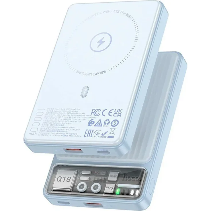 Hoco Powerbank mit induktivem Laden, kompatibel mit MagSafe - 10.000 mAh PD 22,5 W Blau, USB-C und USB-A Anschlüsse, Schnellladetechnologien PD/QC3.0/FCP/SCP/AFC