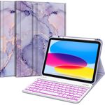 Fintie Hülle mit Tastatur für iPad 11 & 10 Generation 2025/2022, 7-farbig beleuchtete abnehmbare Bluetooth-Tastatur mit Stifthalter, Marmor Lila
