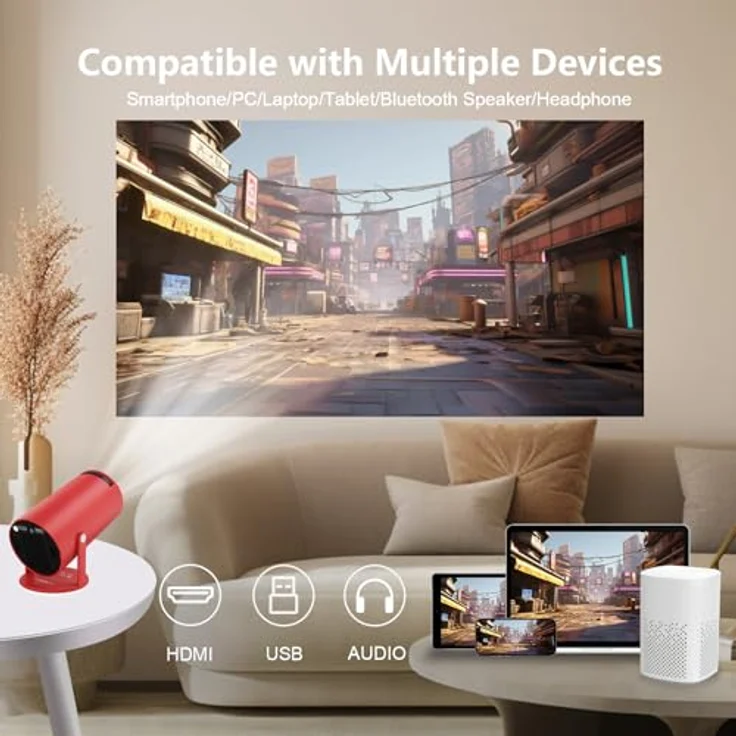 LQWELL® Mini Beamer, 4K Projektor mit 5G WiFi, BT5.0, 130-Zoll-Display, Automatische Trapezkorrektur, HDMI, Rot – Bild 5
