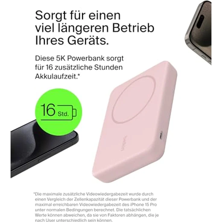 Belkin BoostCharge Pro kabellose Powerbank 5000mAh, MagSafe-kompatibles tragbares Ladegerät mit integriertem Ständer für iPhone 16, 15, 14, 13, 12 – Rosa – Bild 3