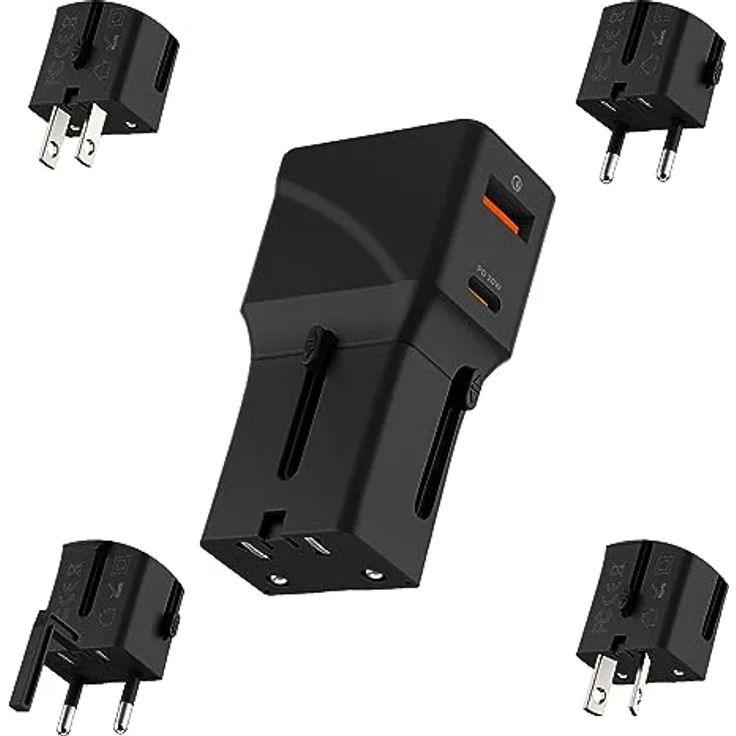 Rolling Square Pocket Travel Charger – Universal-Ladeadapter mit USB-C und USB-A Buchse, perfekt für Reisen, kompatibel mit Steckdosen in 200 Ländern, US, EU, UK, AU, Leistung bis zu 20W - Preisvergleich
