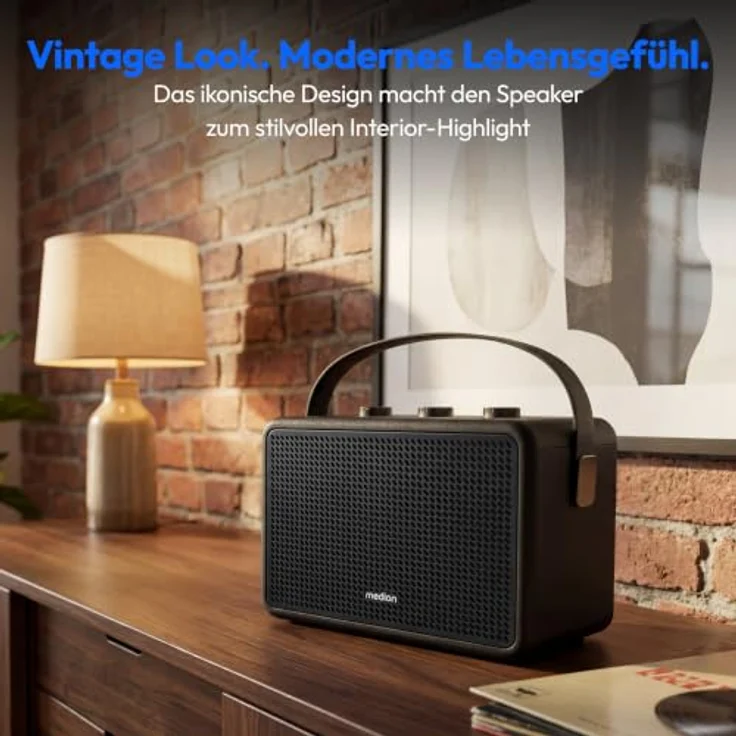 MEDION BXO-1 Bluetooth Lautsprecher, kraftvoller Sound im Retro-Design, 15 Stunden Akkulaufzeit, Bluetooth 5.3, IPX4, USB-C, schwarz – Bild 5
