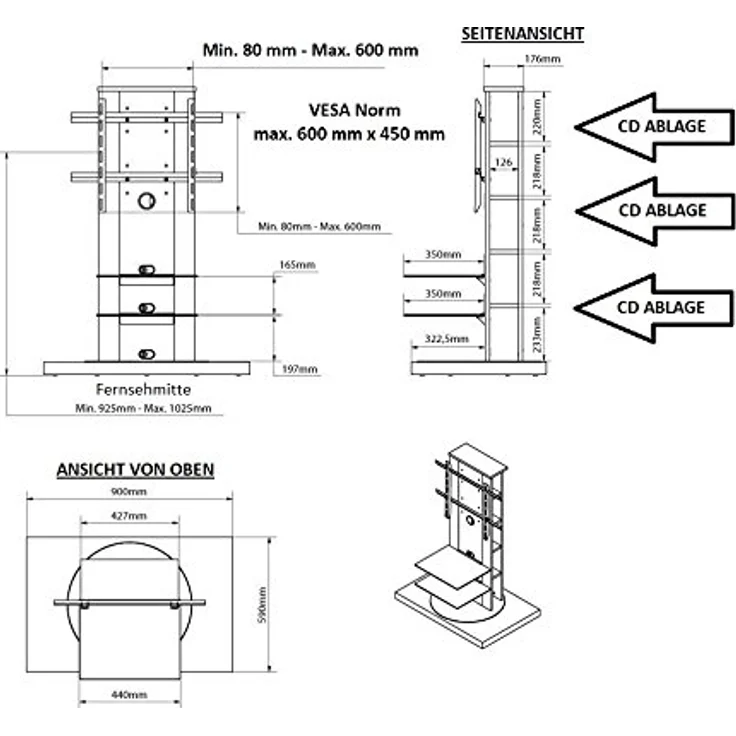 designimpex Design TV Schrank Roma H-777nw, Schwarz Hochglanz, 360° drehbar, TV Möbel für 32-65 Zoll LCD/Plasma bis 40 kg inkl. TV-Halterung – Bild 3