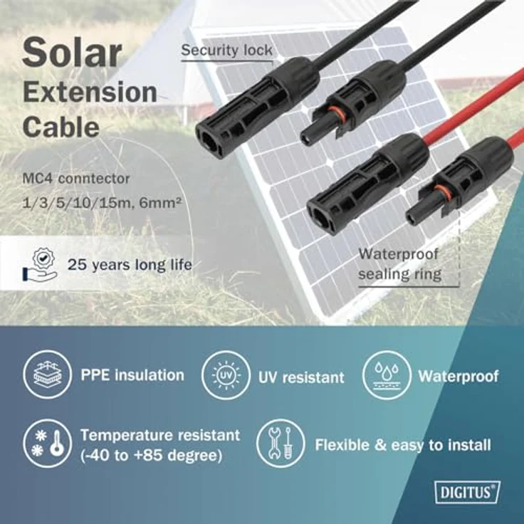 DIGITUS Solarkabel Verlängerungsset – 2 Kabel à 5 m – 6 mm² mit MC4-Stecker – IP65/68, UV-beständig und wetterfest – 1x Rot, 1x Schwarz – Bild 2