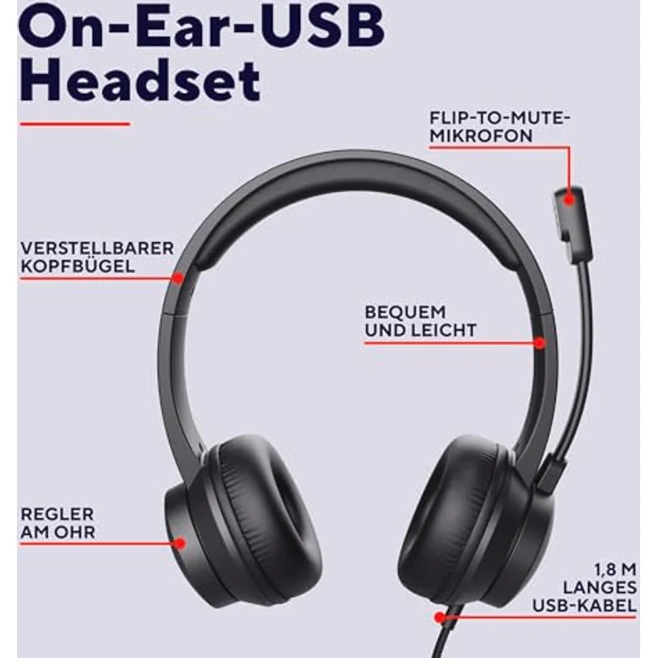 Trust Roha II USB Headset, On-Ear mit Mikrofon, 1,80 m Kabel, leichtes Design für PC, Mac, Skype, Teams, Videokonferenz, Zoom - Schwarz – Bild 2