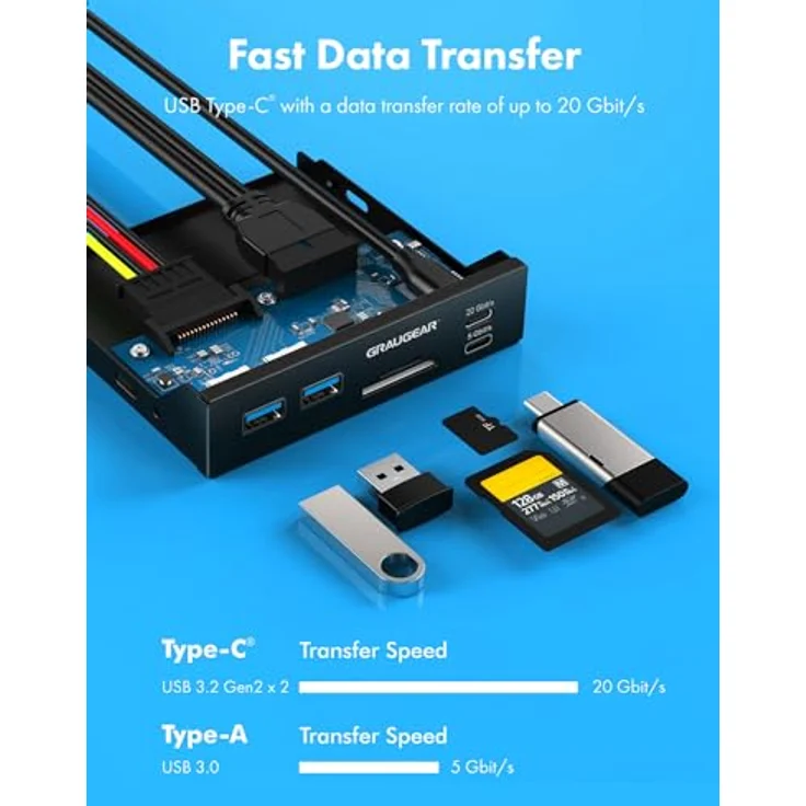 Graugear Multi Frontblende mit USB Hub + Kartenleser, für 3,5 Zoll Montageschächte, grau – Bild 2