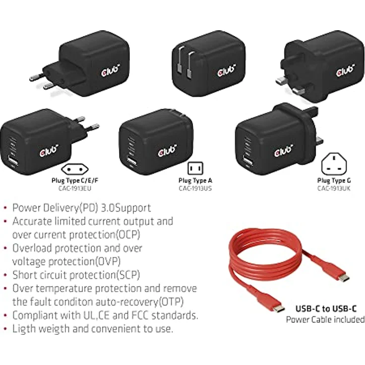 Club 3D CAC-1913 Reiseladegerät, 2x USB Typ C, 1x USB Typ A, PD 65W, Schwarz – Bild 4