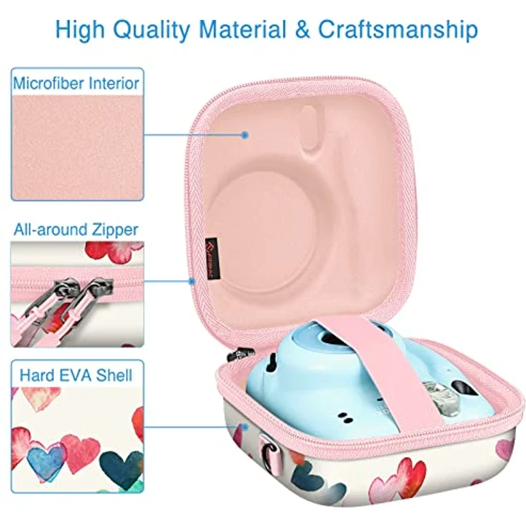 FINTIE Tasche für Fujifilm Instax Mini 12/11/99/8/7s/90/70, stoßfeste Hartschalentasche mit abnehmbarem verstellbarem Riemen, Herzregen – Bild 3