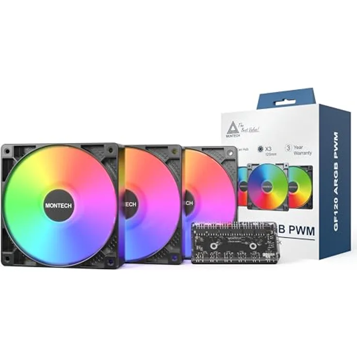 Montech GF120 PWM ARGB Lüfter, 3er Pack - 120mm, schwarz mit digital adressierbarer RGB-Beleuchtung und PWM-Steuerung