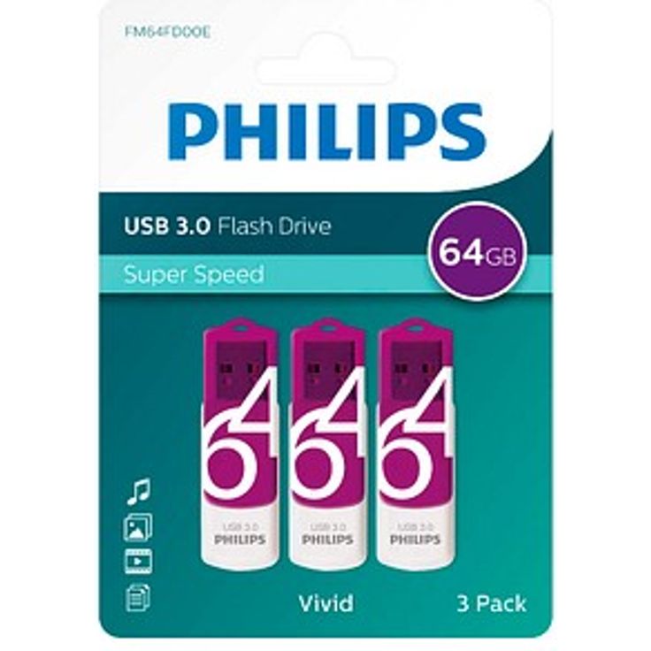PHILIPS USB-Stick Vivid 3.0, 64 GB mit Drehmechanismus und hoher Übertragungsrate, lila, weiß, 3 Stück