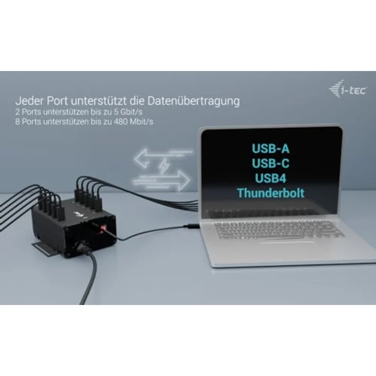 i-tec USB-C/USB-A Metal Charging+Data HUB, 10x USB-C Anschlüsse, 15W pro Port, 180W integrierter Stromadapter, leise Kühlung – Bild 4
