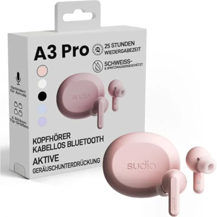 sudio A3 Pro True Wireless Kopfhörer, Noise Cancelling In Ear mit Bluetooth 5.4, 25h Spielzeit, USB-C Ladecase, Rosa – Bild 1