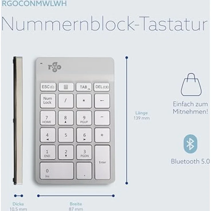 R-Go Tools Numpad Break, Bluetooth kabelloser Ziffernblock mit Anti-RSI-Software, für Computer Laptop Tablet, Weiss – Bild 3