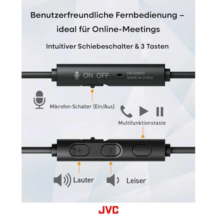 JVC HA-S33UC-B USB-C On-Ear-Kopfhörer, weiche Ohrpolster, faltbar, mit Mikrofon & 3-Tasten-Fernbedienung, einseitiges Kabel, Schwarz – Bild 5