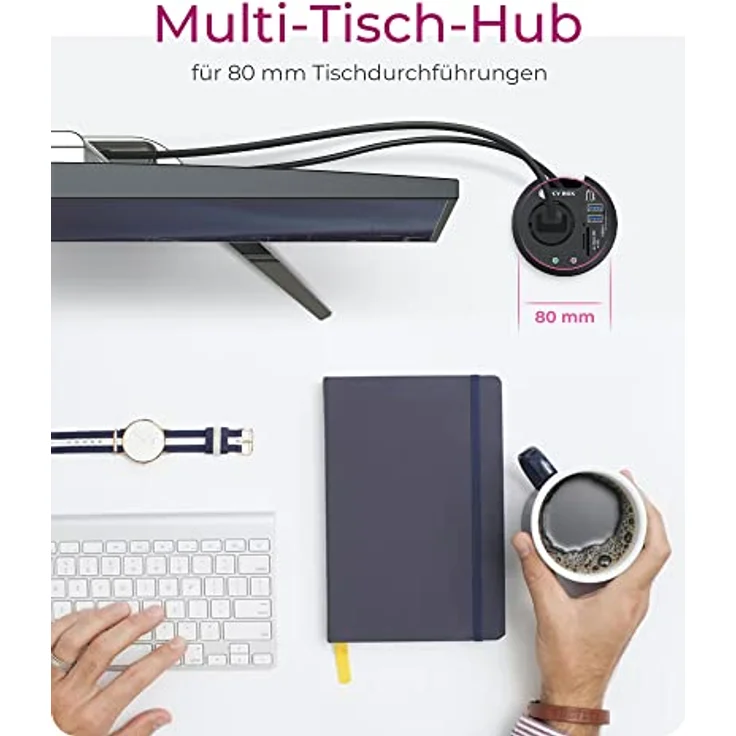 ICY BOX Tisch-Hub mit SD/microSD Kartenleser, 2X Type-A, USB-C, 2X 3,5 mm Audio, IB-HUB1430-CR, 80 mm – Bild 2