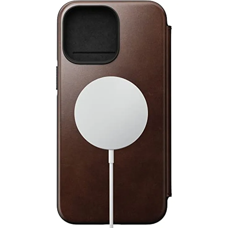 Nomad Moderne Leder-Folio-Schutzhülle für iPhone 14 Pro Max – Horween Rustikale braune Lederschutzhülle mit 3 Kartenfächern, 360° schützender Stoßfänger, 3 m Fallschutz, Mag Safe & kabelloses Laden