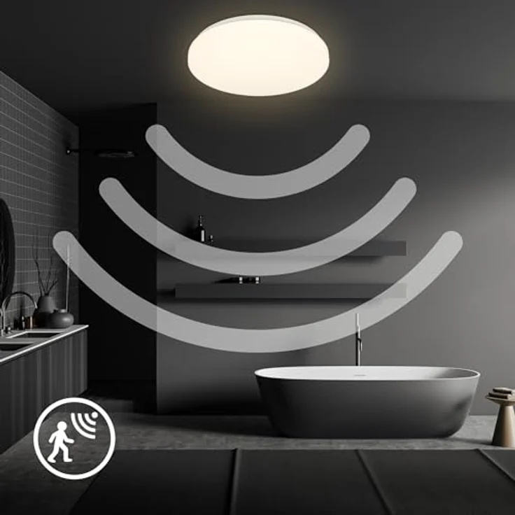 B.K.Licht - LED Deckenlampe mit Bewegungsmelder 3m Reichweite IP54, 12W LED-Platine, 1300 Lumen, warmweißes Licht, 120 Grad Erfassung, 27x6,5 cm, Weiß – Bild 5