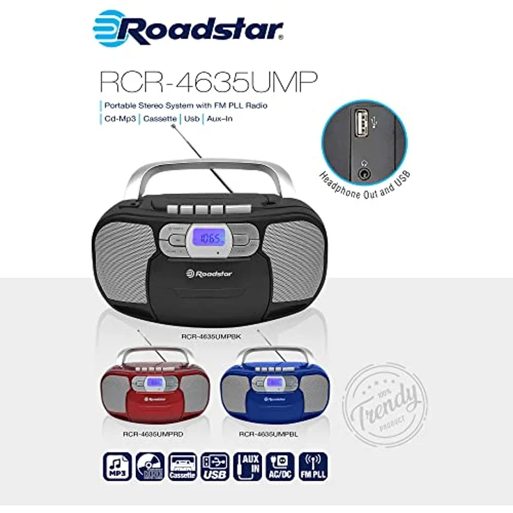 Roadstar RCR-4635UMP/RD Tragbares CD-Radio und Boombox mit Digitalem PLL FM-Radio, USB, AUX-IN, Kopfhörerausgang, rot – Bild 2