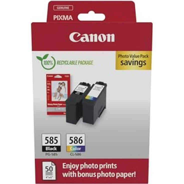 Canon PG-585 BK / CL-586 Tintenpatronen Set mit Fotopapier, Schwarz und Tri-Color, 7,3 ml und 9,9 ml, optimale Druckergebnisse – Bild 1