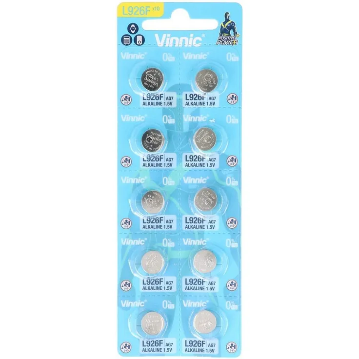 VINNIC 10 Stück Alkaline Batterie AG7, SR927SW, G7, LR57, LR927, SR57 Knopfz Knopfzelle mit geringer Selbstentladung - 1,5 Volt, 55mAh