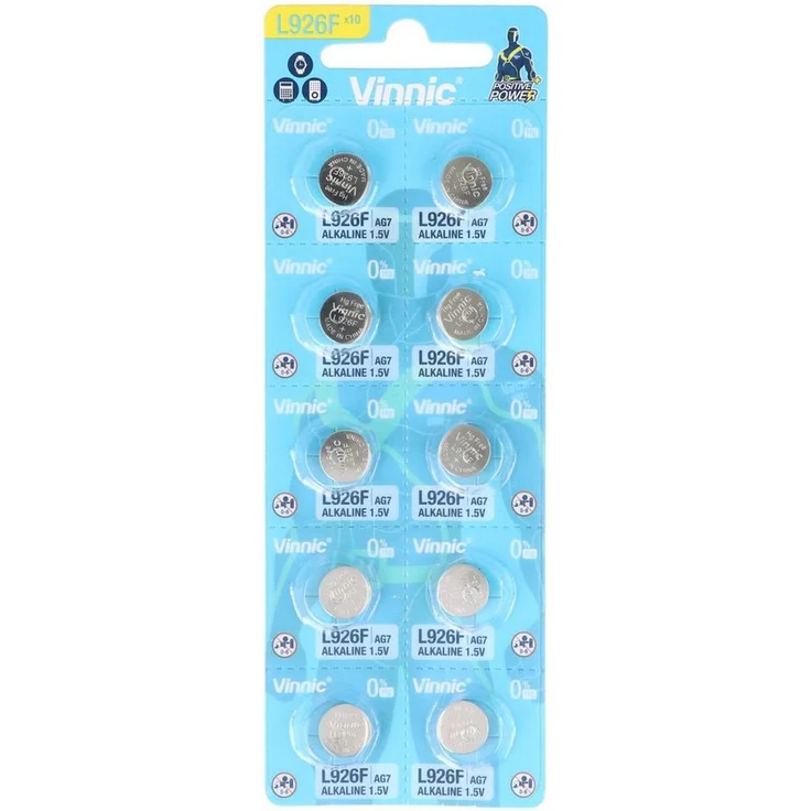 VINNIC 10 Stück Alkaline Batterie AG7, SR927SW, G7, LR57, LR927, SR57 Knopfz Knopfzelle mit geringer Selbstentladung - 1,5 Volt, 55mAh – Bild 1