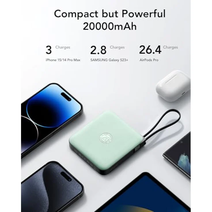 VRURC Powerbank 20000mAh, Tragbare Power Bank mit 22.5W QC3.0 Schnellladung und LED-Anzeige, Integrierte Kabel für iPhone und Huawei, Grün – Bild 4