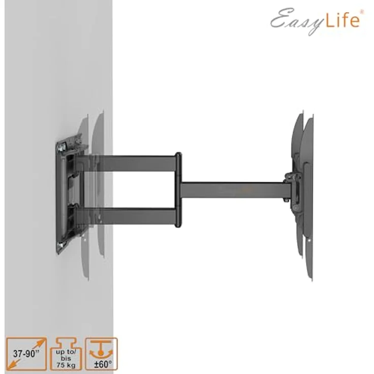 EasyLife ProMount HD90 PowerDual TV-Wandhalterung für 37–90 Zoll Fernseher bis 75 kg – schwenkbar und neigbar, VESA 600x400 mm mit Kabelmanagement, Doppelarm-Design – Bild 3