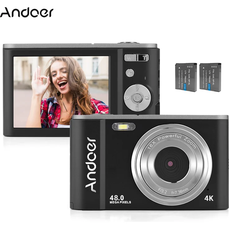 Andoer Tragbare Digitalkamera, 48 MP 4K mit 2,88-Zoll-IPS-Bildschirm, 16-fachem Zoom, Gesichtserkennung und 128 GB erweiterbarem Speicher, schwarz