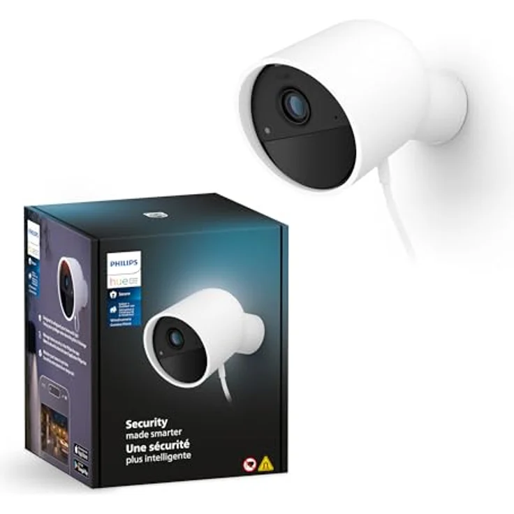Philips Hue Secure kabelgebundene Smart Home Überwachungskamera mit Standfuß, Full HD Video, für drinnen oder draußen, einfach zu installieren, Smart Home Security und Lichtsteuerung per App, weiß – Bild 1