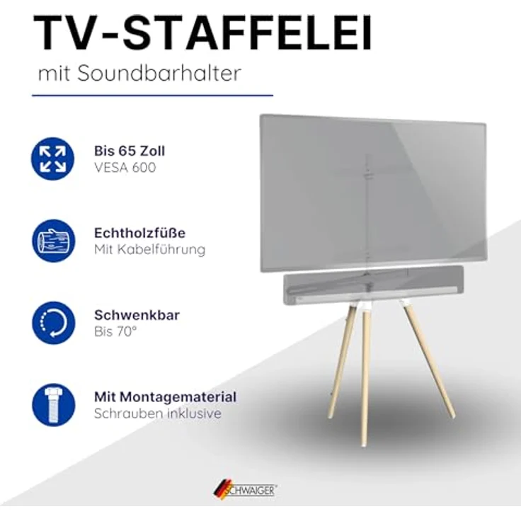 SCHWAIGER 658217 TV Ständer Staffelei Holz Bodenstativ Halterung für Flachbildschirme bis 65 Zoll max. 35kg mit Soundbarhalter weiß/Nussbaum echtes Holz Luxus Premium – Bild 2