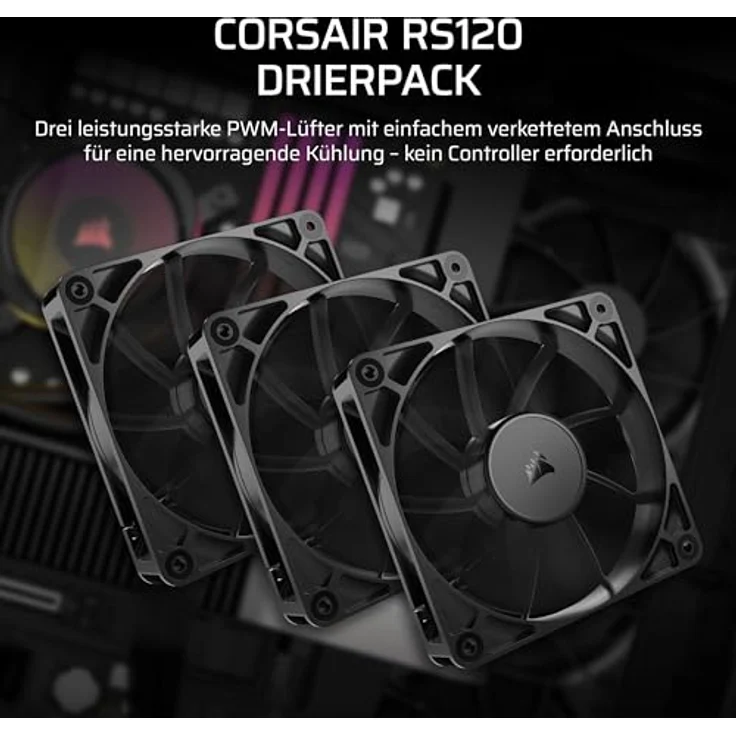 CORSAIR RS120 120mm PWM-Lüfter – Daisy-Chain-Verbindung – Geräuscharm – Magnetisches Dome-Lager – Dreierpack – Schwarz – Bild 2