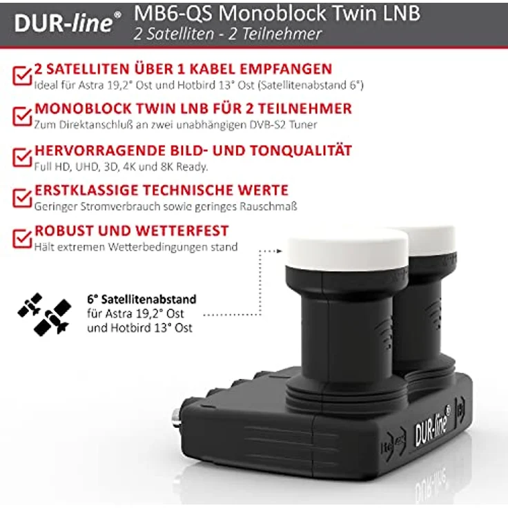 DUR-line 6° Monoblock Twin LNB - Astra 19,2°E + Hotbird 13°E - 2 Teilnehmer & 2 Satelliten (MB6-TW) - Doppel-LNC mit integriertem DiSEqC - Full HD, 4K, 8K, 3D - Wetterfest + Mobilfunk-Abschirmung – Bild 2
